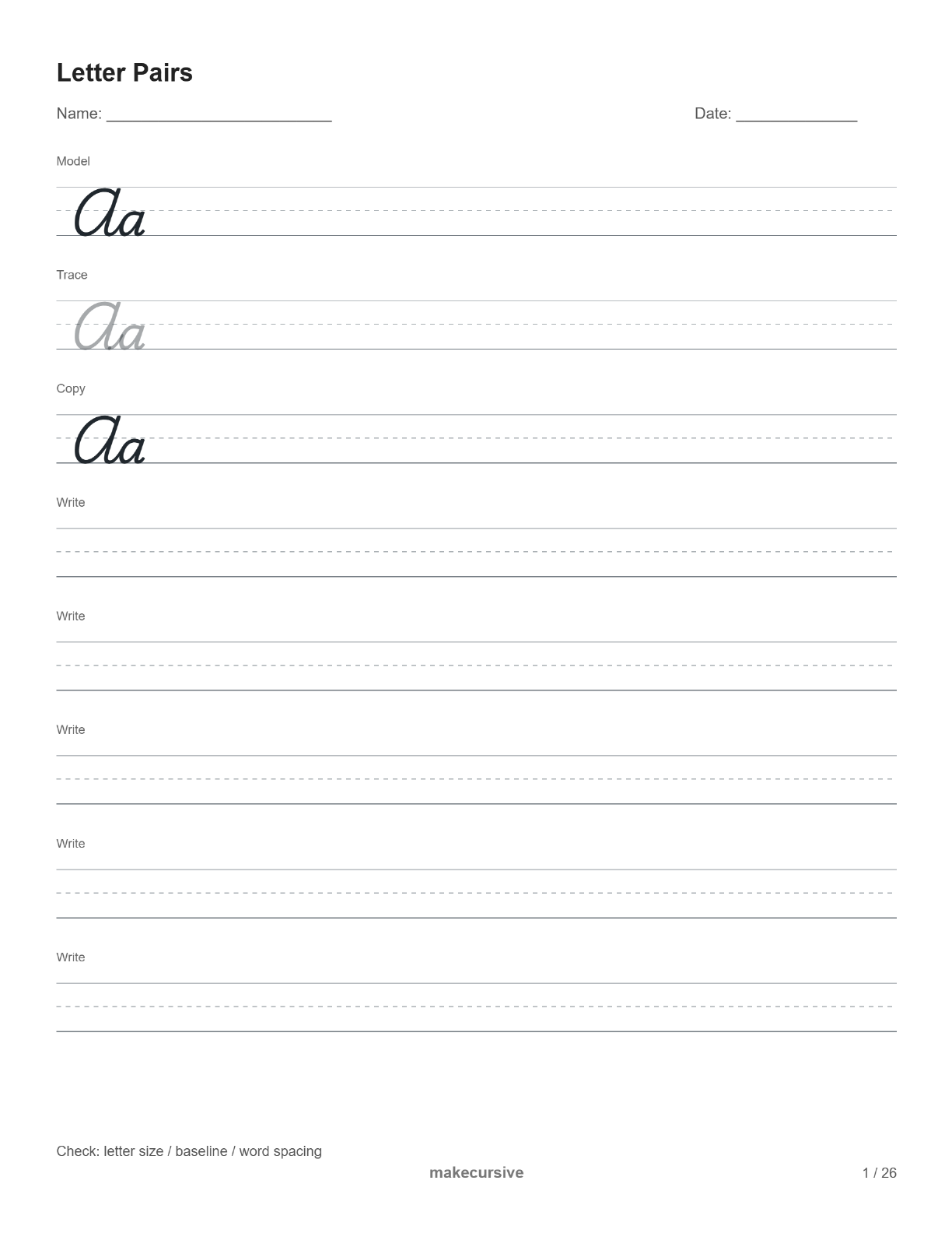 Aa letter-pair worksheet with a model, tracing, copying and blank writing lines